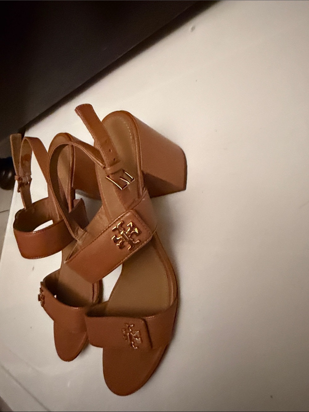 Tory Burch Cognac Leather Double-Strap Slingback Sandals with Gold Logo - Picture 4 of 11